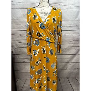 Kasper size large beautiful yellow dress with blue and white flowers - 2572